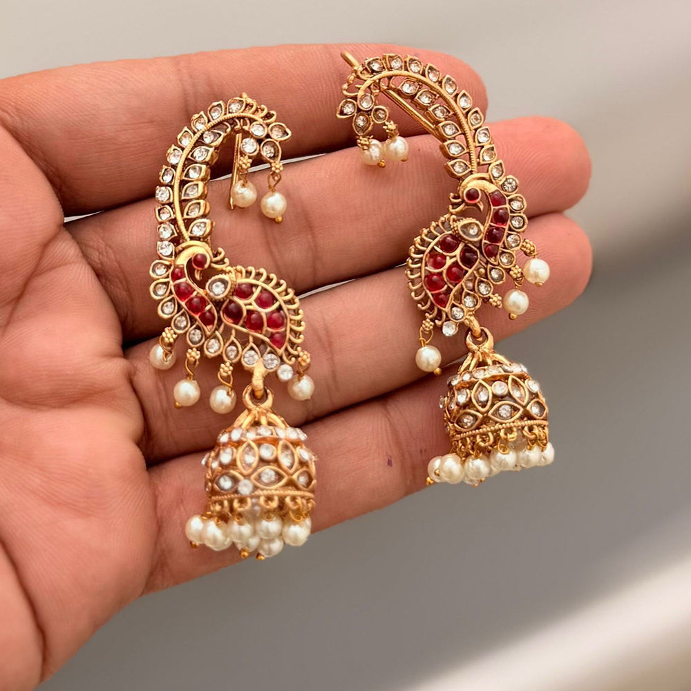 Manisha Pota Stone And Pearl Gold Plated Peacock Ear Cuff Jhumki Earrings