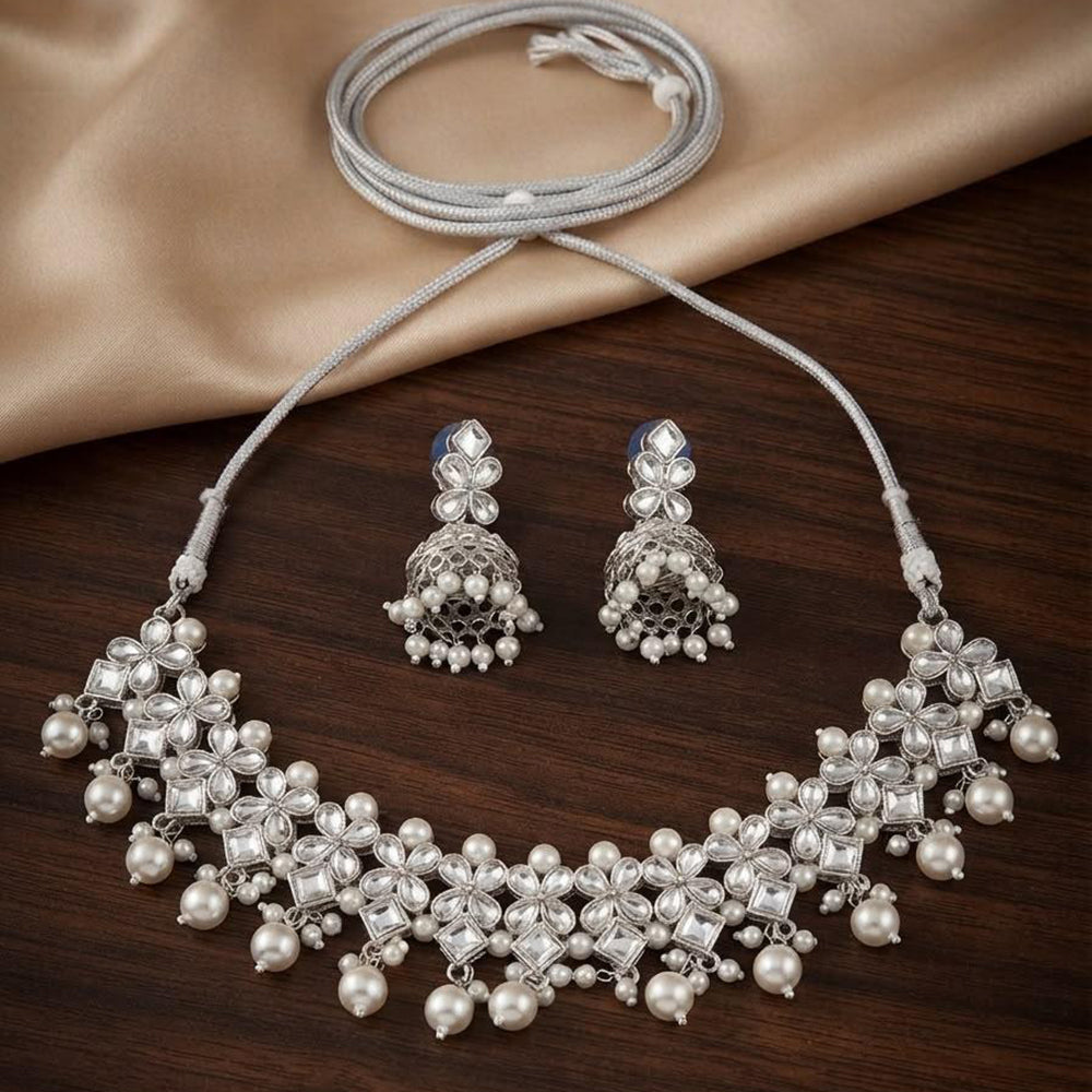 Manisha Silver Plated Kundan Stone And Beads Necklace Set