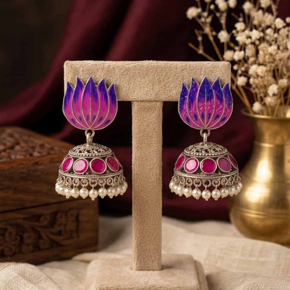 Manisha Jewellery Premium Oxidised Plated Pota Stone And Pearl Meenakari Jhumki Earrings