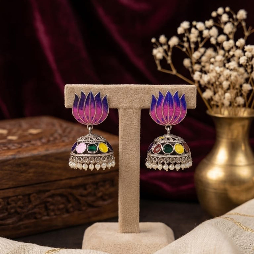 Manisha Jewellery Premium Oxidised Plated Pota Stone And Pearl Meenakari Jhumki Earrings