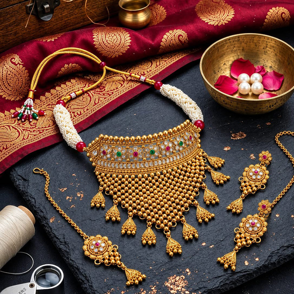 Manisha Jewellery Elegant Pota Stone And Pearl Choker Necklace Set for Women