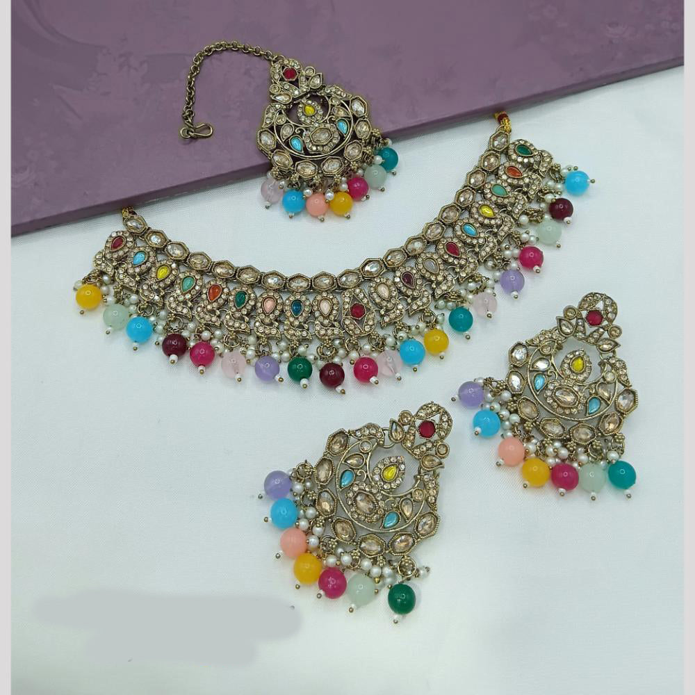 Lucentarts Jewellery Gold Plated Crystal Stone And Beads Choker Necklace Set