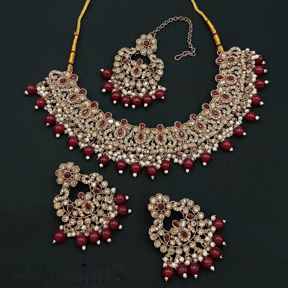 Lucentarts Jewellery Gold Plated Crystal Stone And Beads Choker Necklace Set