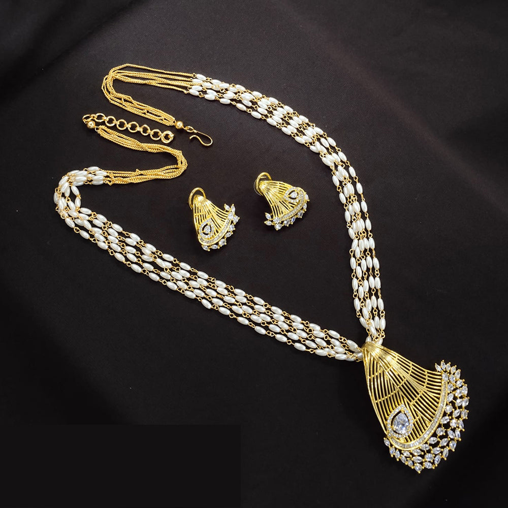 Lucentarts Jewellery Designer American Diamond With Pearl Long Necklace Set