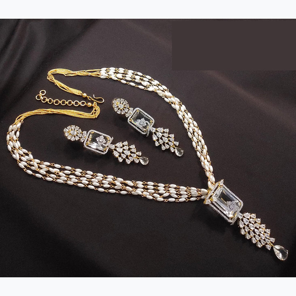 Lucentarts Jewellery Designer American Diamond With Pearl Long Necklace Set