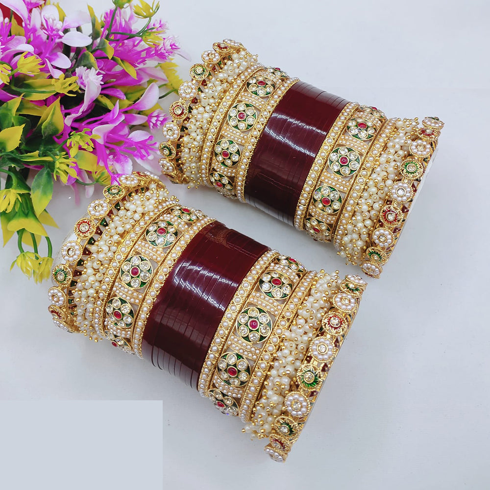 Lucentarts Jewellery Premium Pota Stone And Pearl Acrylic Bridal Bangles Set