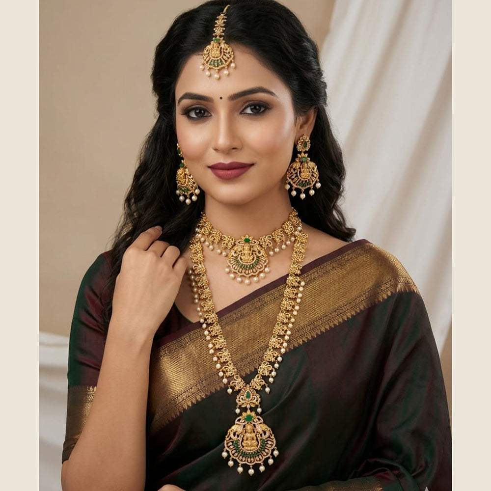 Lucentarts Jewellery Royal Look Pota Stone And Pearl Temple Double Necklace Set