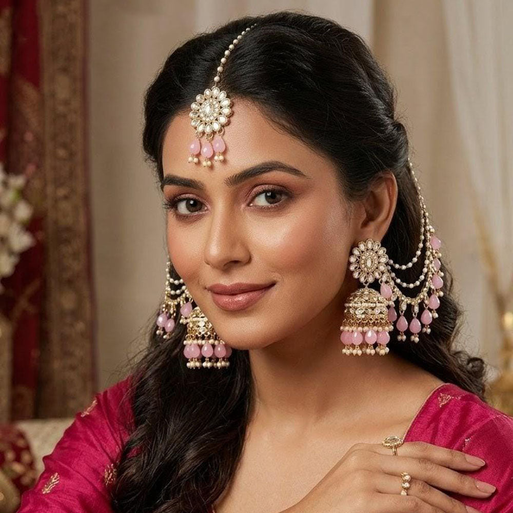 Lucentarts Jewellery Elegant Kundan Stone And Beads Jhumki Earrings With Maangtikka