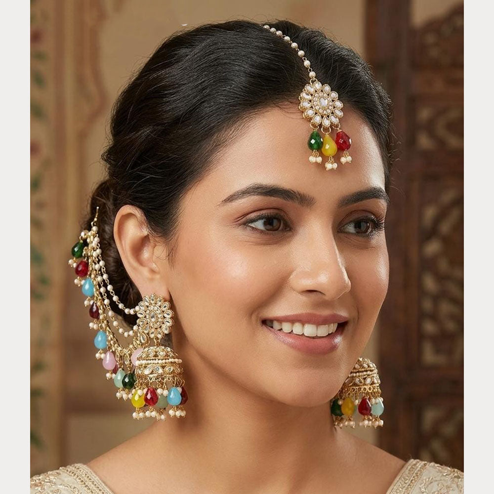 Lucentarts Jewellery Elegant Kundan Stone And Beads Jhumki Earrings With Maangtikka