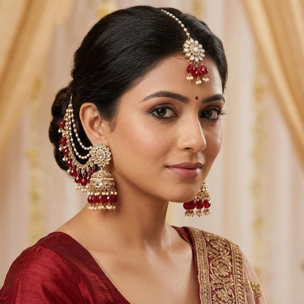 Lucentarts Jewellery Elegant Kundan Stone And Beads Jhumki Earrings With Maangtikka