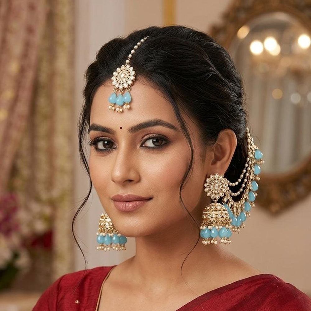 Lucentarts Jewellery Elegant Kundan Stone And Beads Jhumki Earrings With Maangtikka