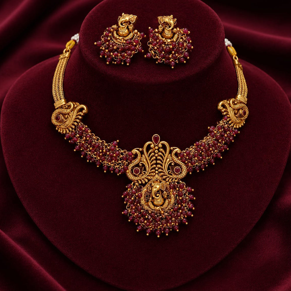 Lucentarts Jewellery Gold Plated Pink Pearl Ganesha Necklace Set