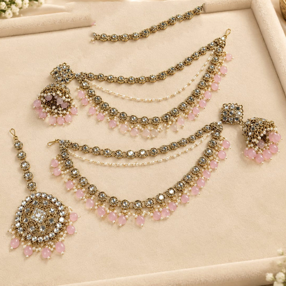 Lucentarts Jewellery Elegant Kundan Stone And Beads Jhumki Earrings With Maangtikka