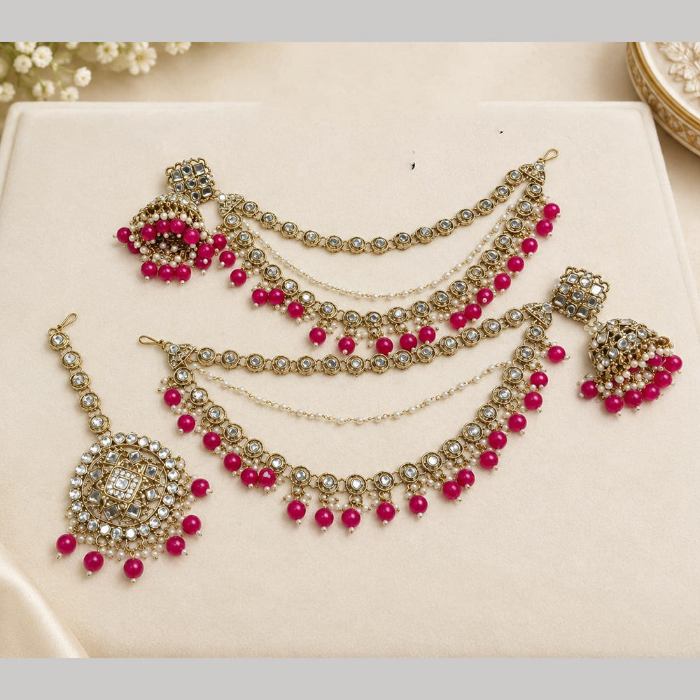 Lucentarts Jewellery Elegant Kundan Stone And Beads Jhumki Earrings With Maangtikka