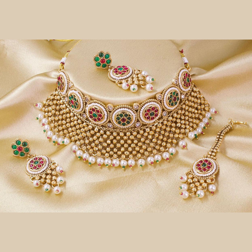 Sai Fashion Gold Plated Pota Stone And Beads Choker Necklace Set