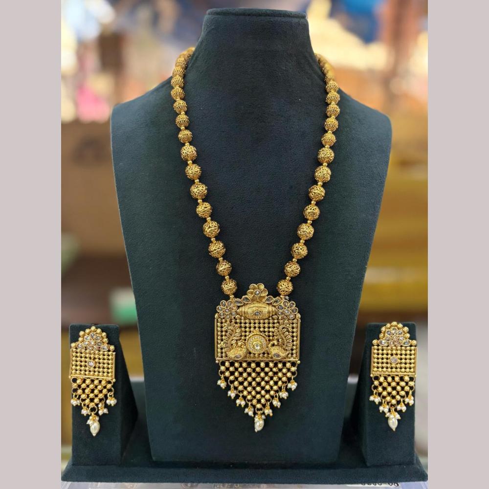 Sai Fashion Gold Plated Pota Stone And Pearls Long Necklace Set