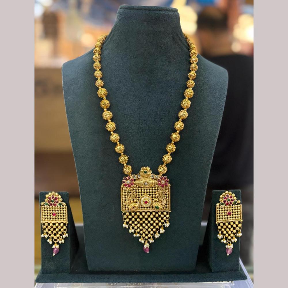 Sai Fashion Gold Plated Pota Stone And Pearls Long Necklace Set