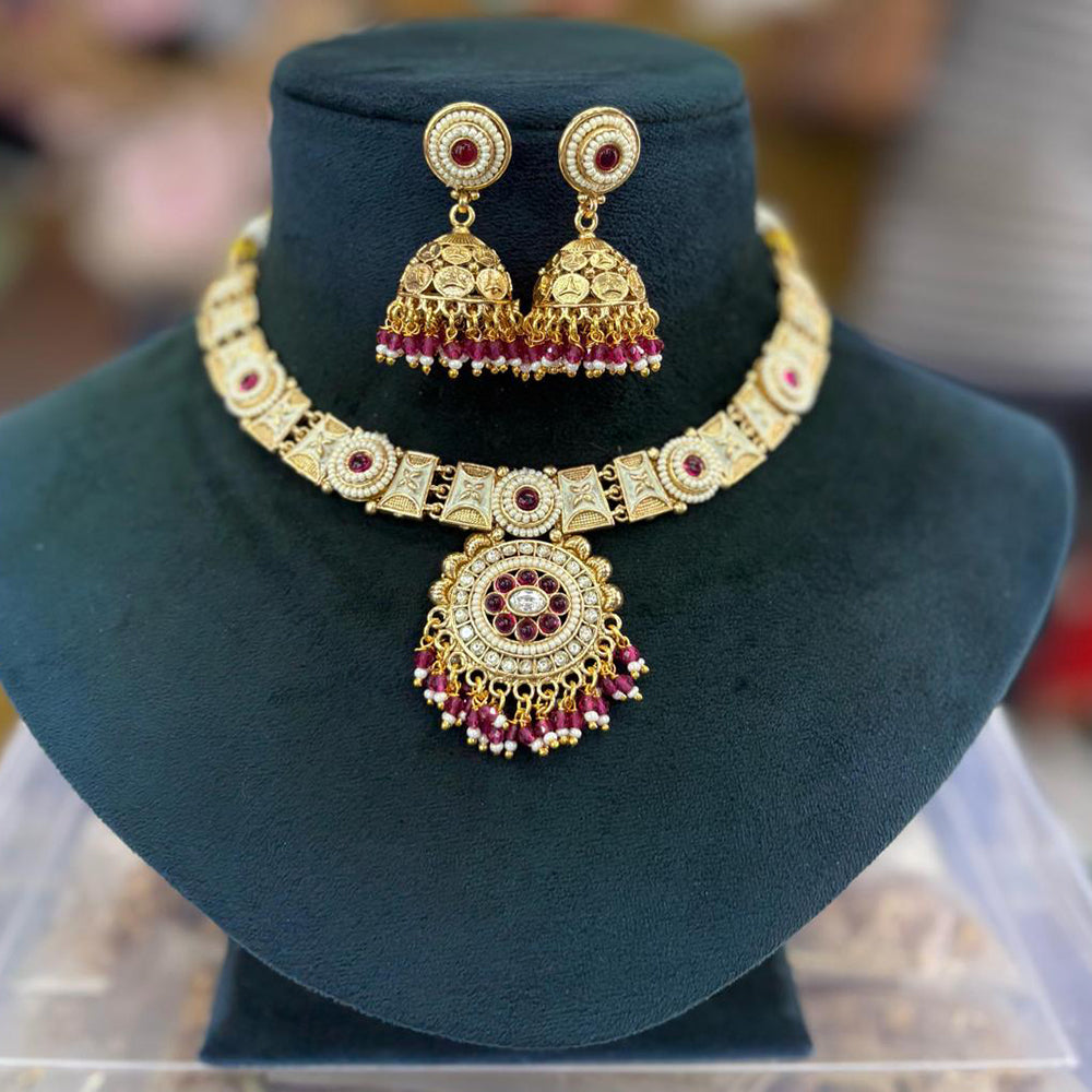Sai Fashion Gold Plated Pota Stone And Pearl Meenakari Necklace Set