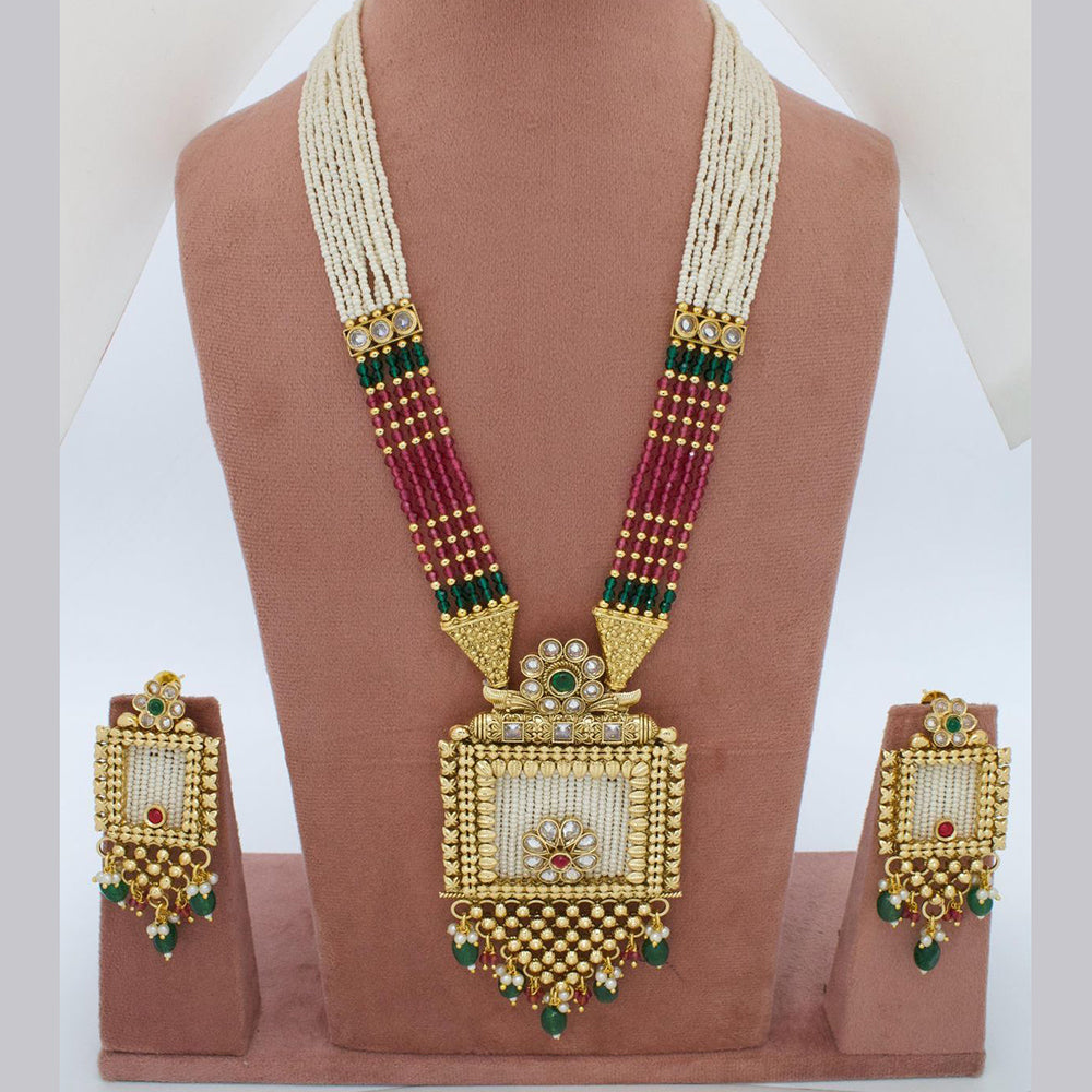 Sai Fashion Gold Plated Pota Stone And Pearl Long Necklace Set