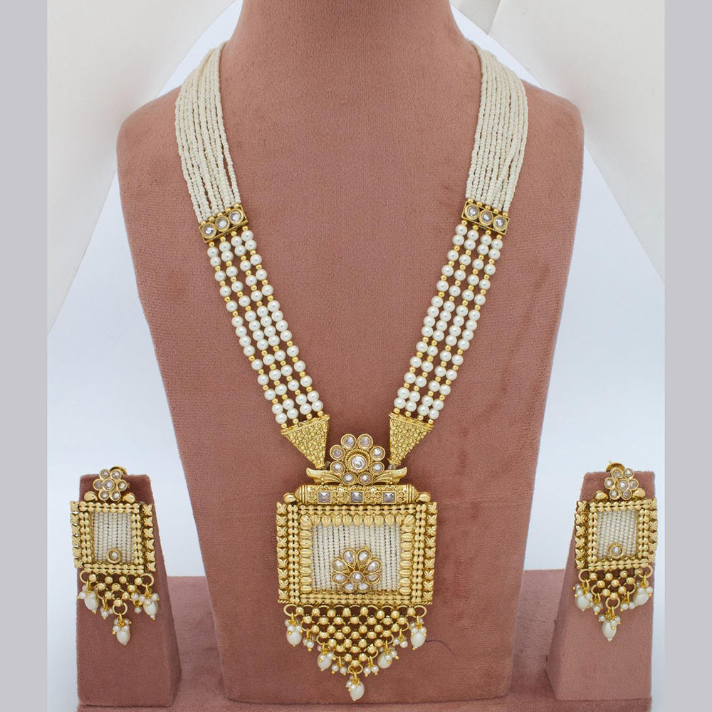 Sai Fashion Gold Plated Pota Stone And Pearl Long Necklace Set