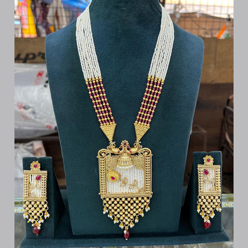 Sai Fashion Gold Plated Pota Stone And Pearl Long Necklace Set