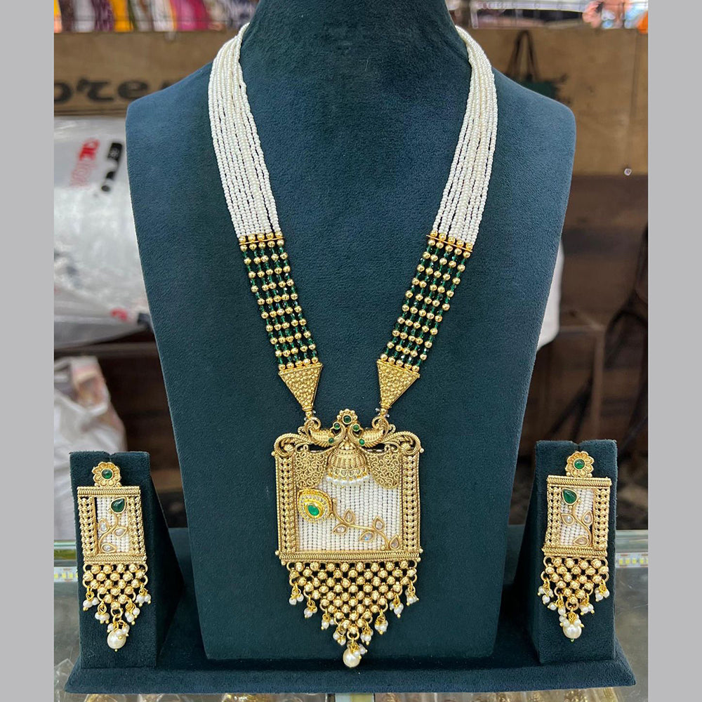 Sai Fashion Gold Plated Pota Stone And Pearl Long Necklace Set