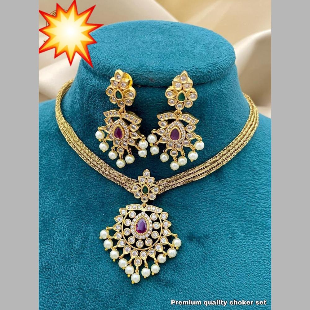 Sai Fashion Gold Plated Austrain Stone And Pearl Necklace Set