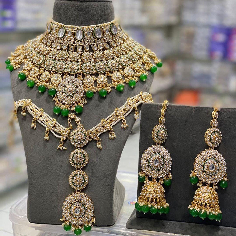 Sai Fashion Gold Plated Kundan Stone And Beads Meenakari Bridal Set
