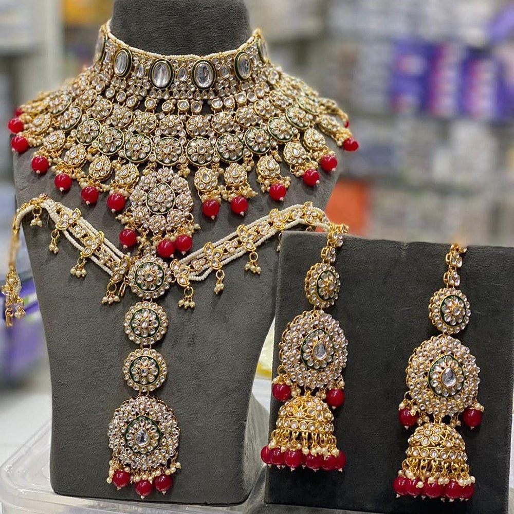 Sai Fashion Gold Plated Kundan Stone And Beads Meenakari Bridal Set