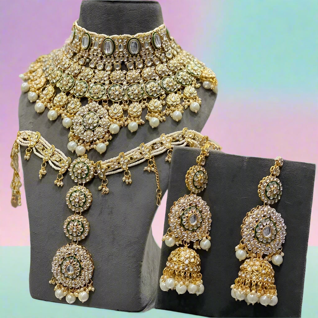 Sai Fashion Gold Plated Kundan Stone And Beads Meenakari Bridal Set