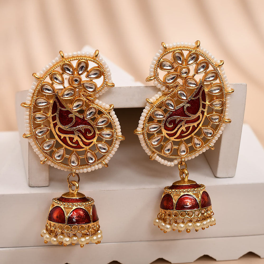 Shagna Gold Plated Kundan Stone And Meenakari Jhumki Earrings