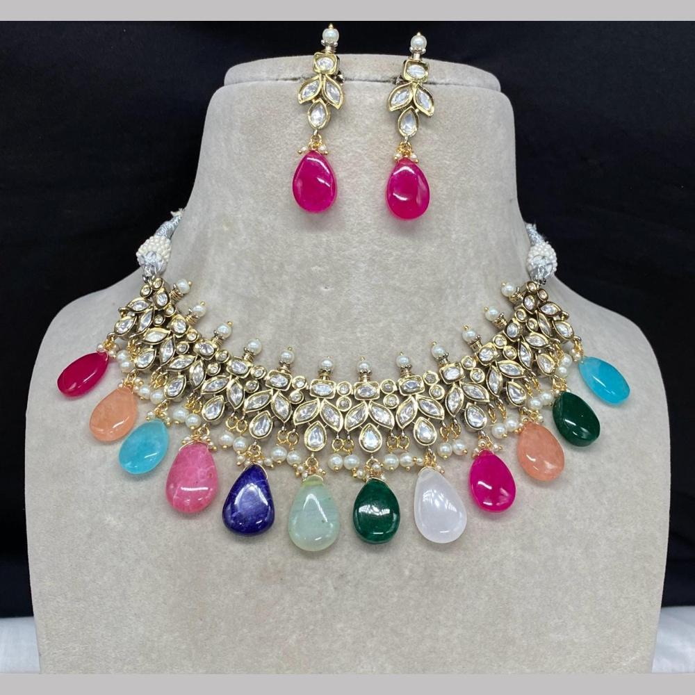 Shagna Gold Plated Polki Kundan Stone And Beads Necklace Set