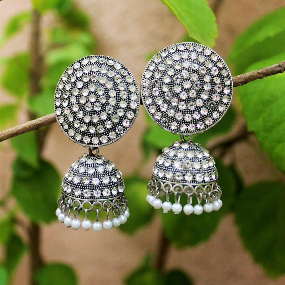 H K Fashion Oxidised Plated Austrian Stone Jhumki Earrings
