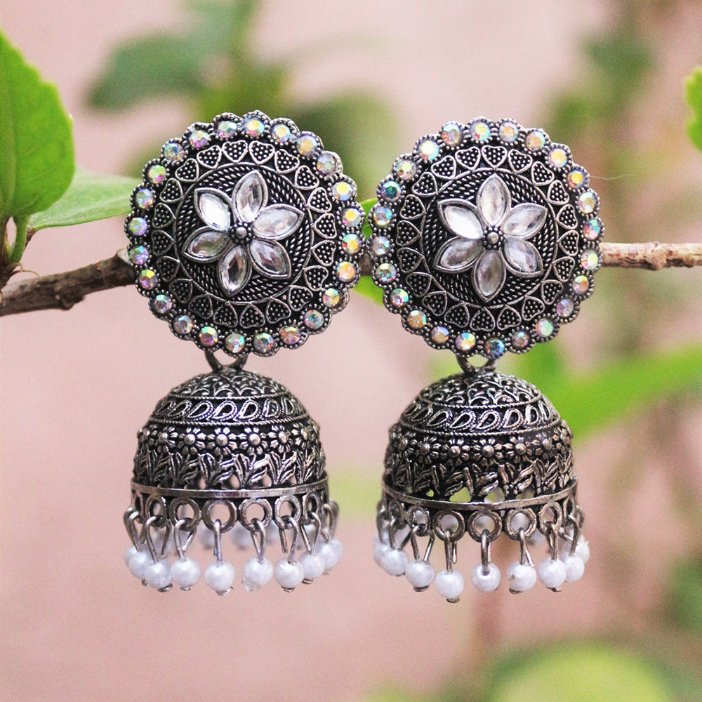 H K Fashion Oxidised Plated Austrian Stone Jhumki Earrings