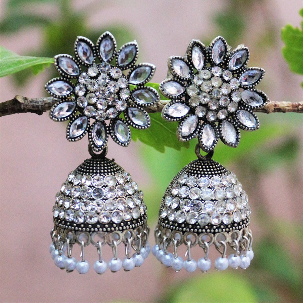 H K Fashion Oxidised Plated Austrian Stone Jhumki Earrings
