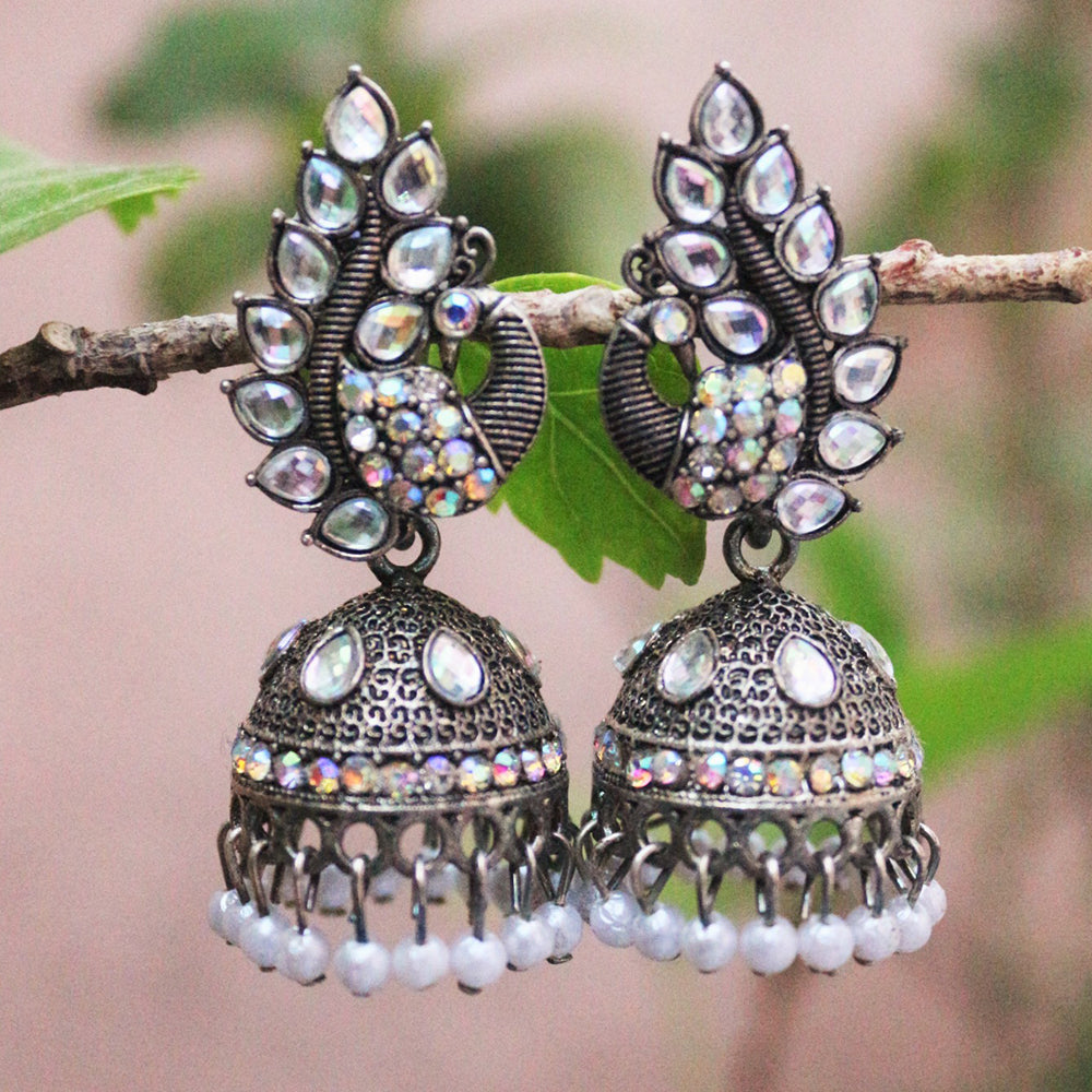 H K Fashion Oxidised Plated Austrian Stone Jhumki Earrings