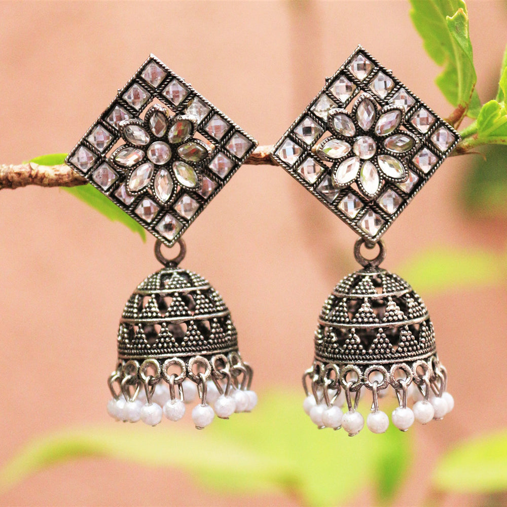 H K Fashion Oxidised Plated Crystal Stone Jhumki Earrings