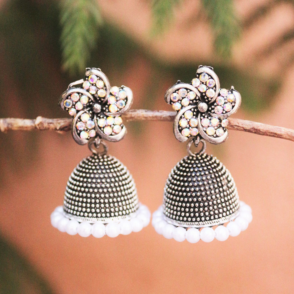 H K Fashion Oxidised Plated Austrian Stone Jhumki Earrings