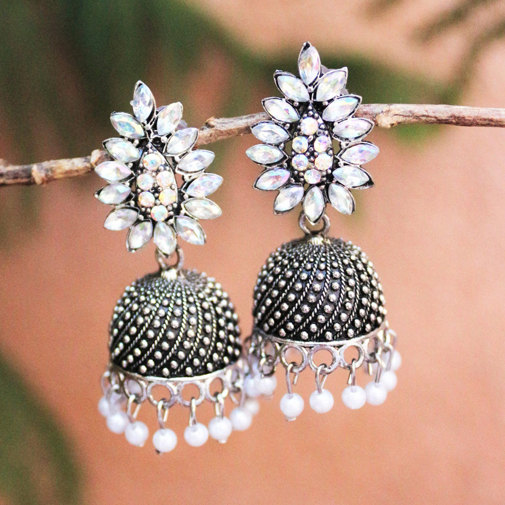H K Fashion Oxidised Plated Crystal Stone Jhumki Earrings