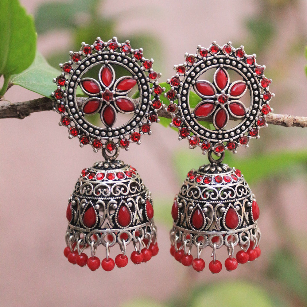 H K Fashion Oxidised Plated Pota Stone Jhumki Earrings
