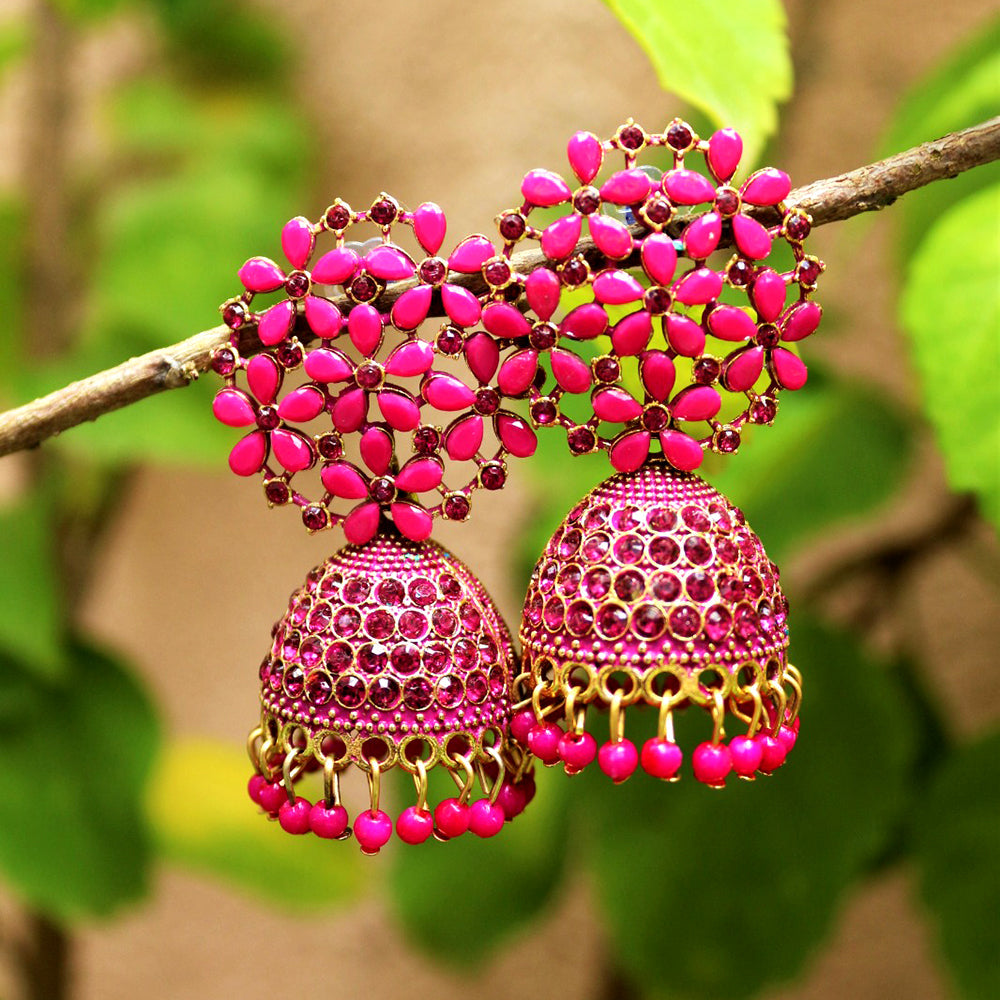 H K Fashion Gold Plated Pota Stone Jhumki Earrings
