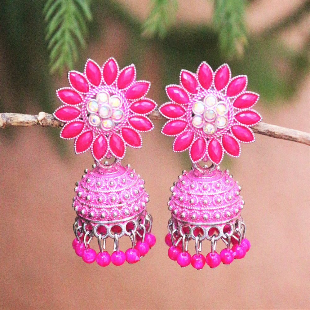 H K Fashion Silver Plated Pota Stone And Austrian Stone Jhumki Earrings