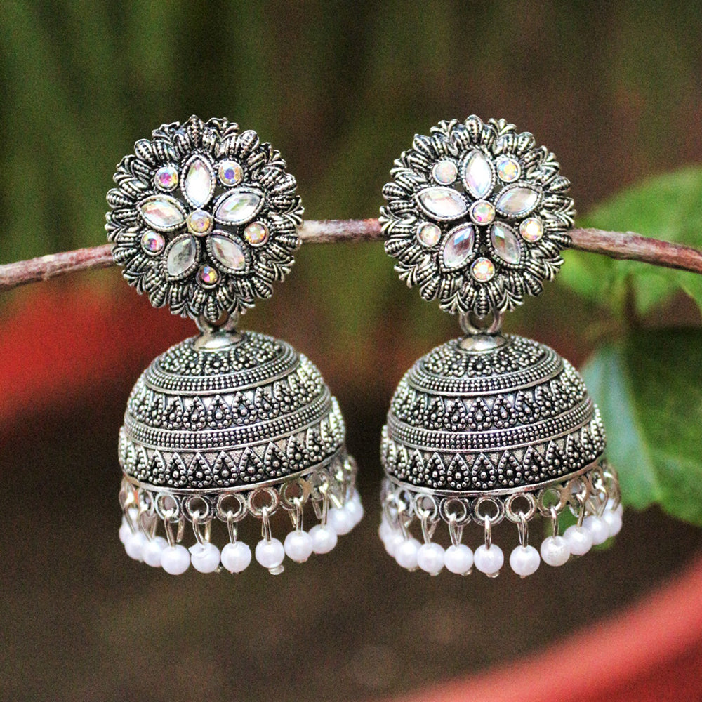 H K Fashion Silver Plated Crystal Stone Jhumki Earrings