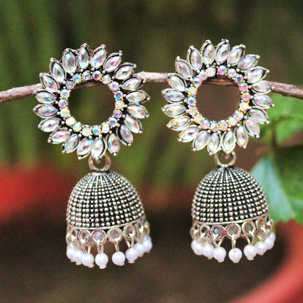 H K Fashion Silver Plated Crystal Stone Jhumki Earrings