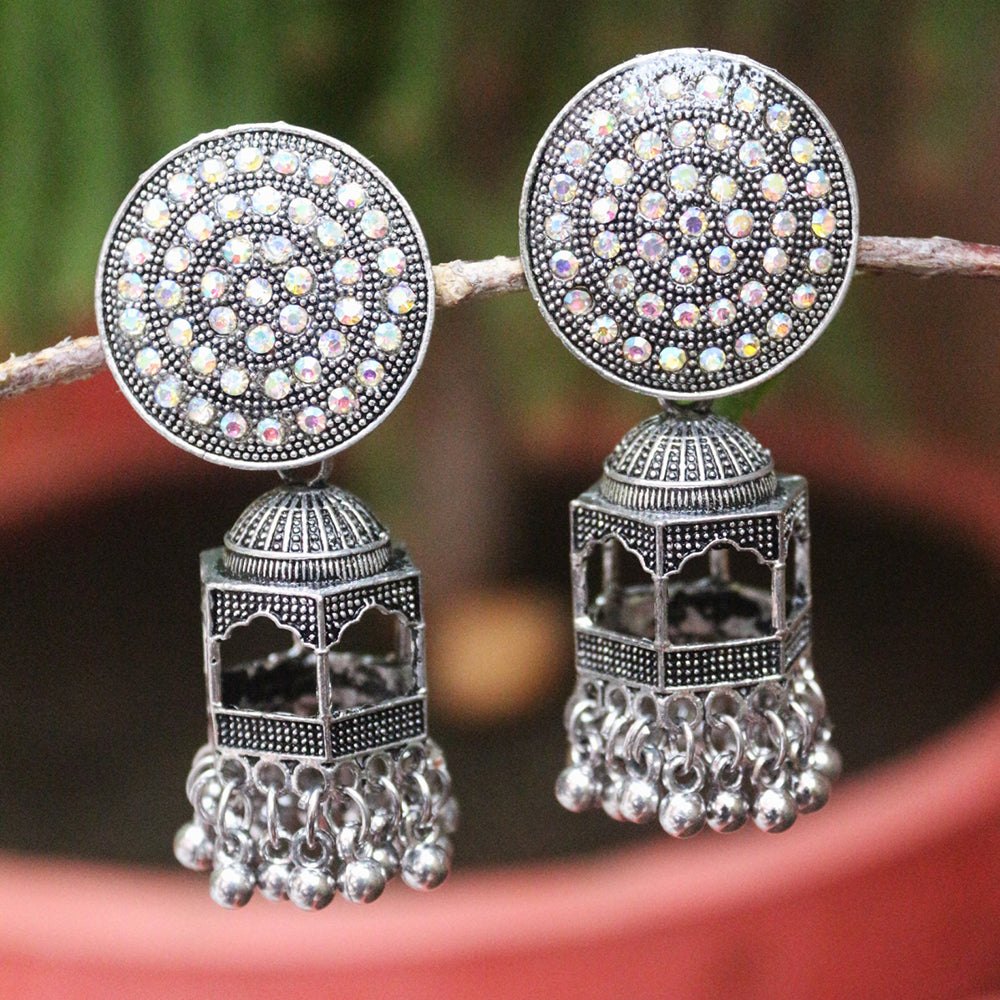 H K Fashion Oxidised Plated Austrian Stone Jhumki Earrings