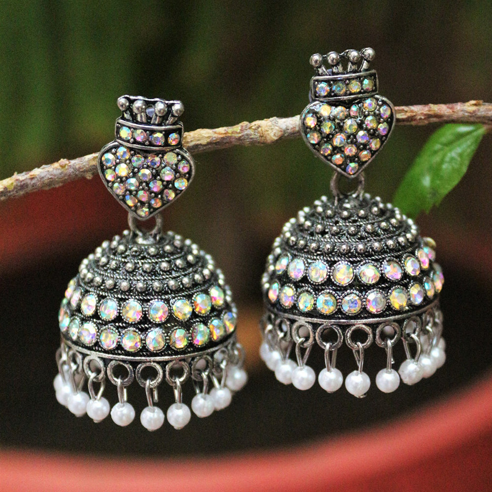 H K Fashion Oxidised Plated Austrian Stone Jhumki Earrings