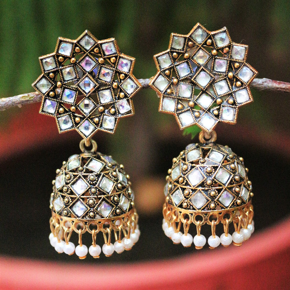 H K Fashion Oxidised Gold Plated Austrian Stone Jhumki Earrings