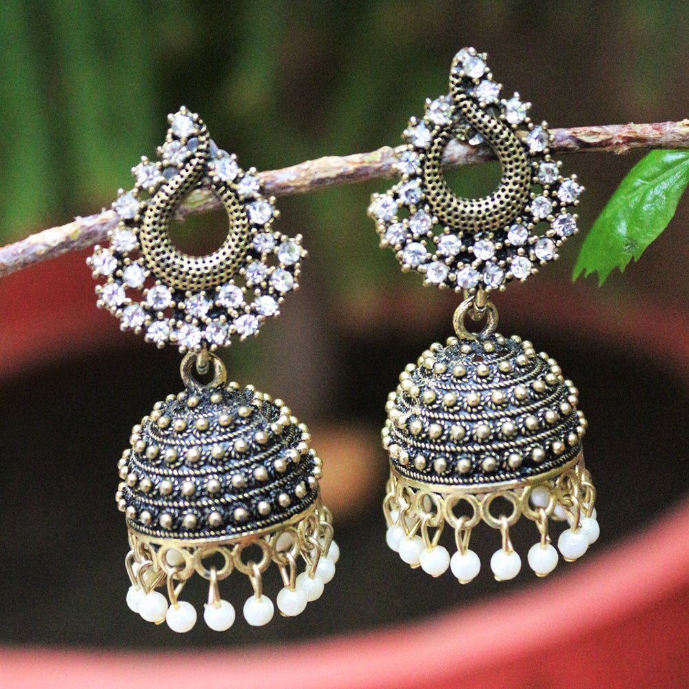 H K Fashion Oxidised Gold Plated Austrian Stone Jhumki Earrings