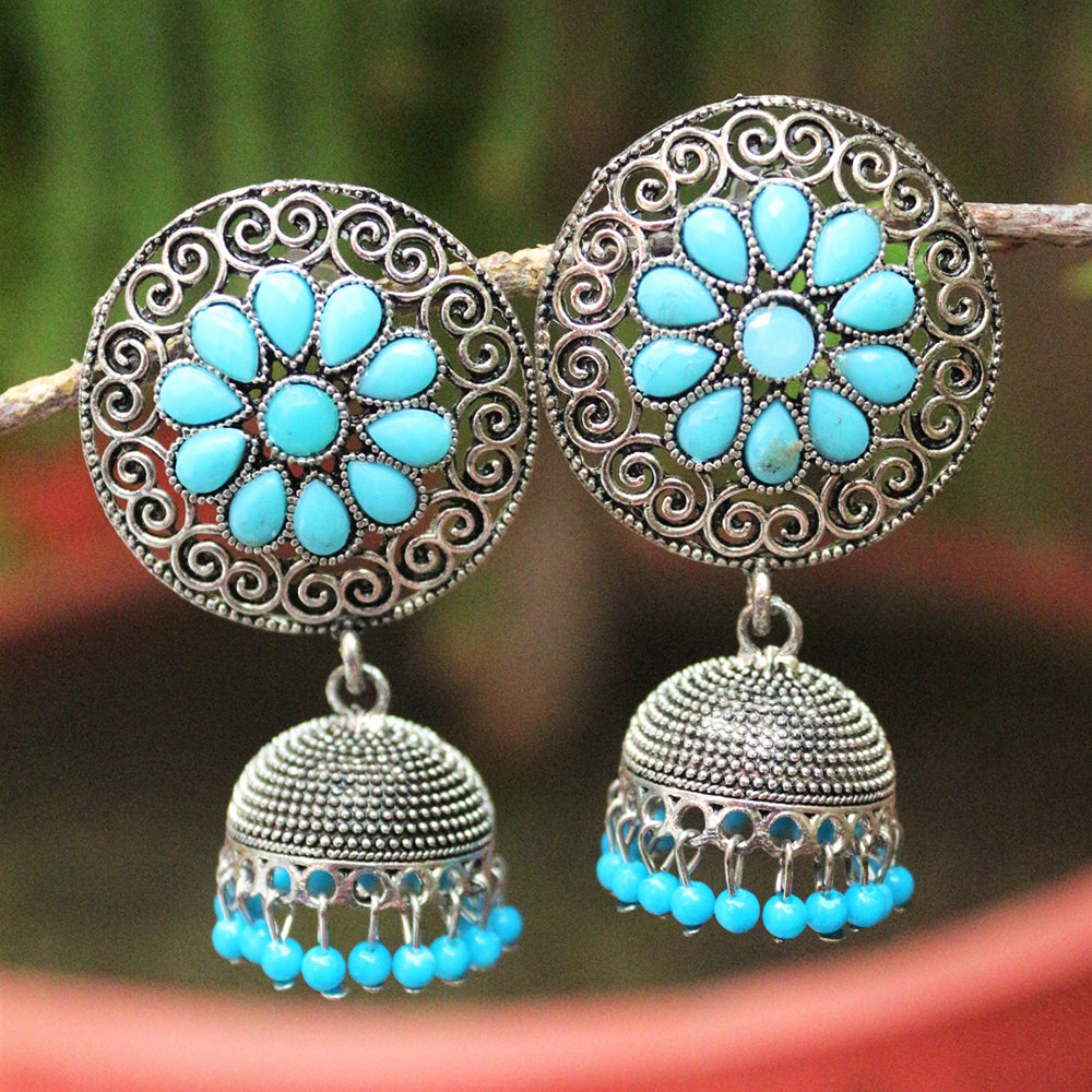 H K Fashion Oxidised Plated Pota Stone And Beads Jhumki Earrings
