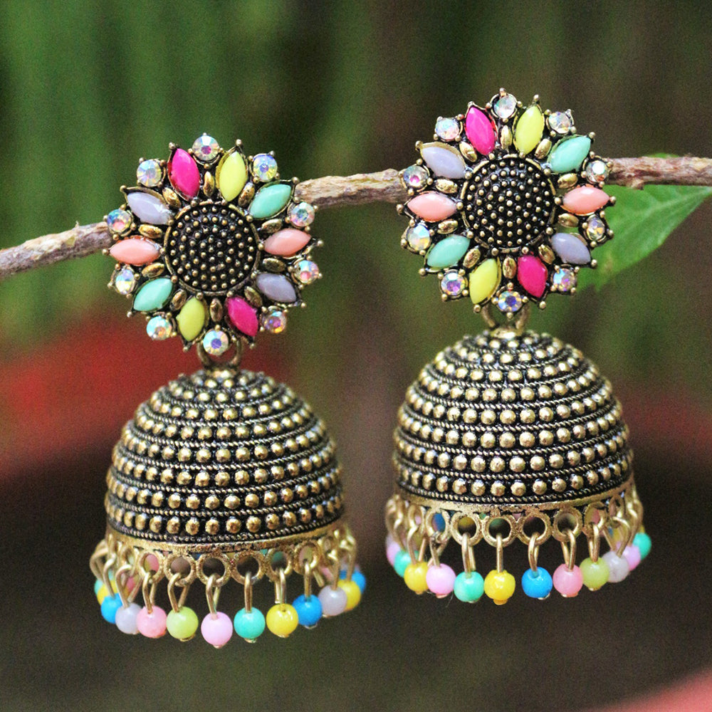 H K Fashion Gold Plated Pota Stone And Beads Jhumki Earrings